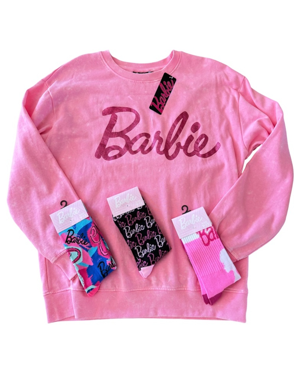 Barbie Sweatshirt  Pink Whitewashed Cotton Blend Large ADULT + 3 Pairs of Socks